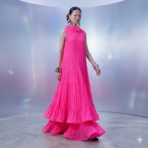 Neon Pink Pleated Chiffon Tiered Maxi Swing Gown Medium Petal Collar Avant Garde